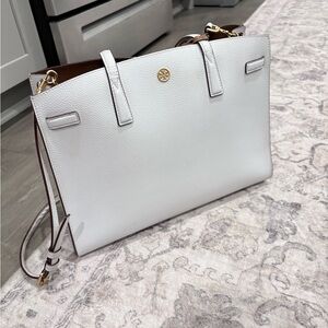 Tory Burch White Pebbled Leather Convertible Tote with Brown Trim